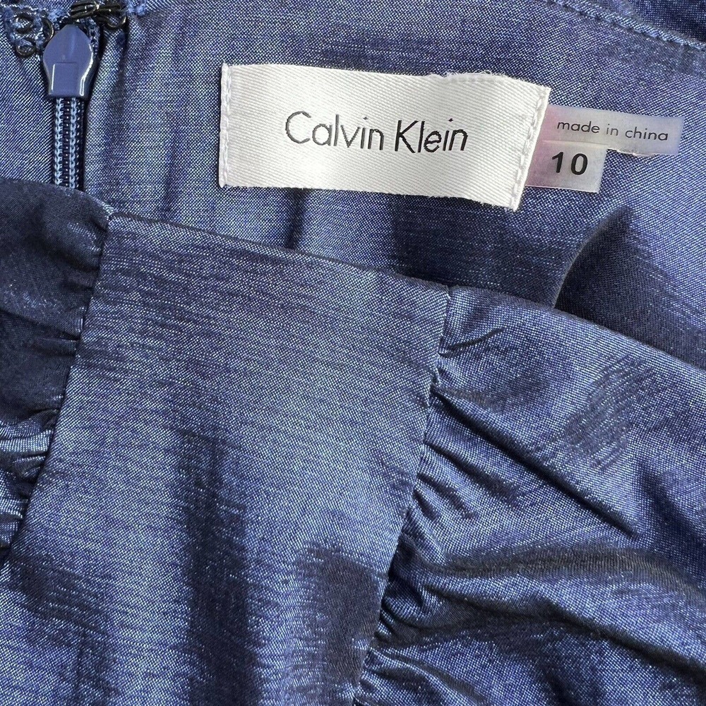 Calvin Klein Metallic Blue Taffeta Sleeveless Ruched Cocktail Party Dress Sz 10 - Picture 9 of 12